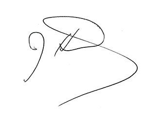 A swirl and loop, Terry Healy's stylized signature on a white background.