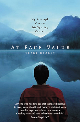book triumph A person in a red shirt looks at a lake, with book title "At Face Value" by Terry Healey.
